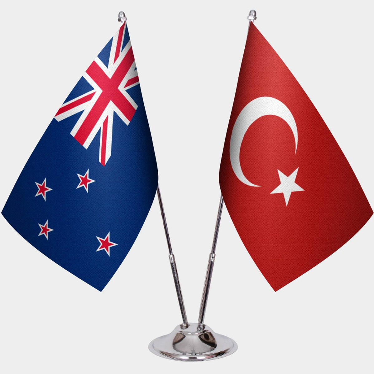 New Zealand and Türkiye dual desk flag set with chrome silver pedestal, satin office table flag