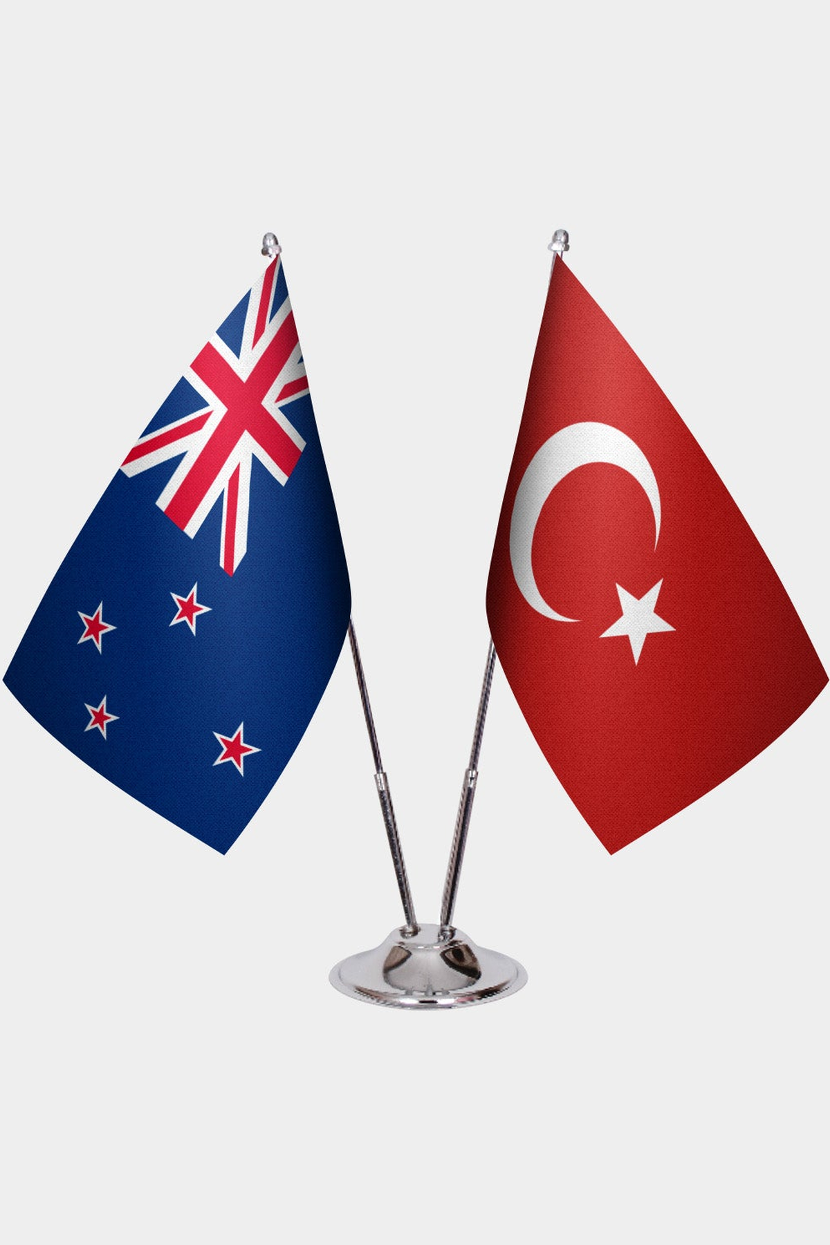 New Zealand and Türkiye dual desk flag set with chrome silver pedestal, satin office table flag