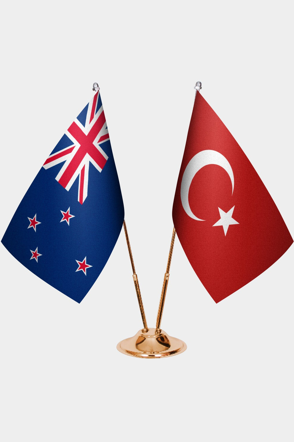 New Zealand and Türkiye dual desk flag set with gold pedestal, satin office table flag