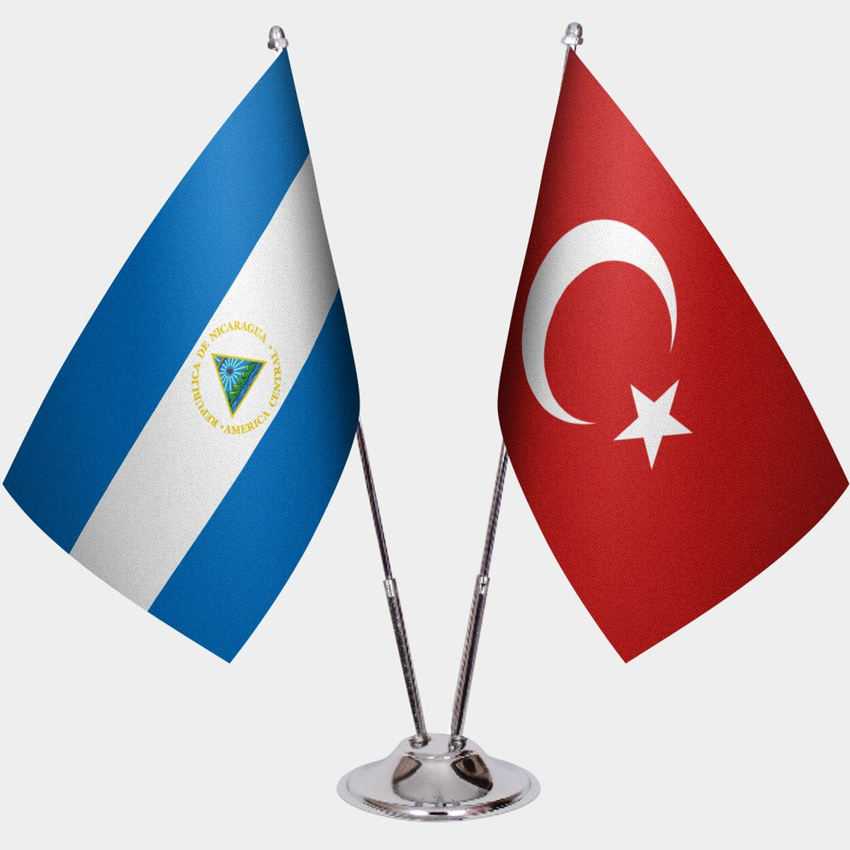 Nicaragua and Türkiye dual desk flag set with chrome silver pedestal, satin office table flag
