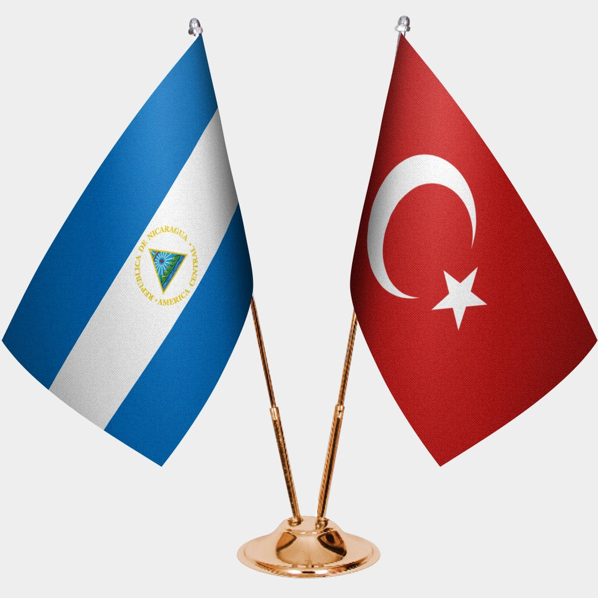 Nicaragua and Türkiye dual desk flag set with gold pedestal, satin office table flag