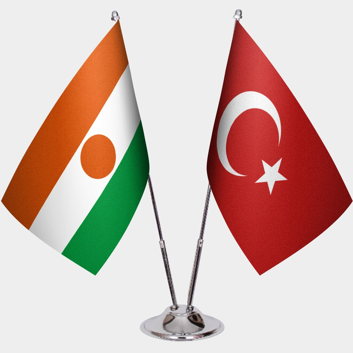 Niger and Türkiye dual desk flag set with chrome silver pedestal, satin office table flag