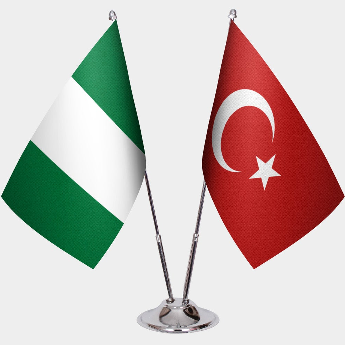Nigeria and Türkiye dual desk flag set with chrome silver pedestal, satin office table flag