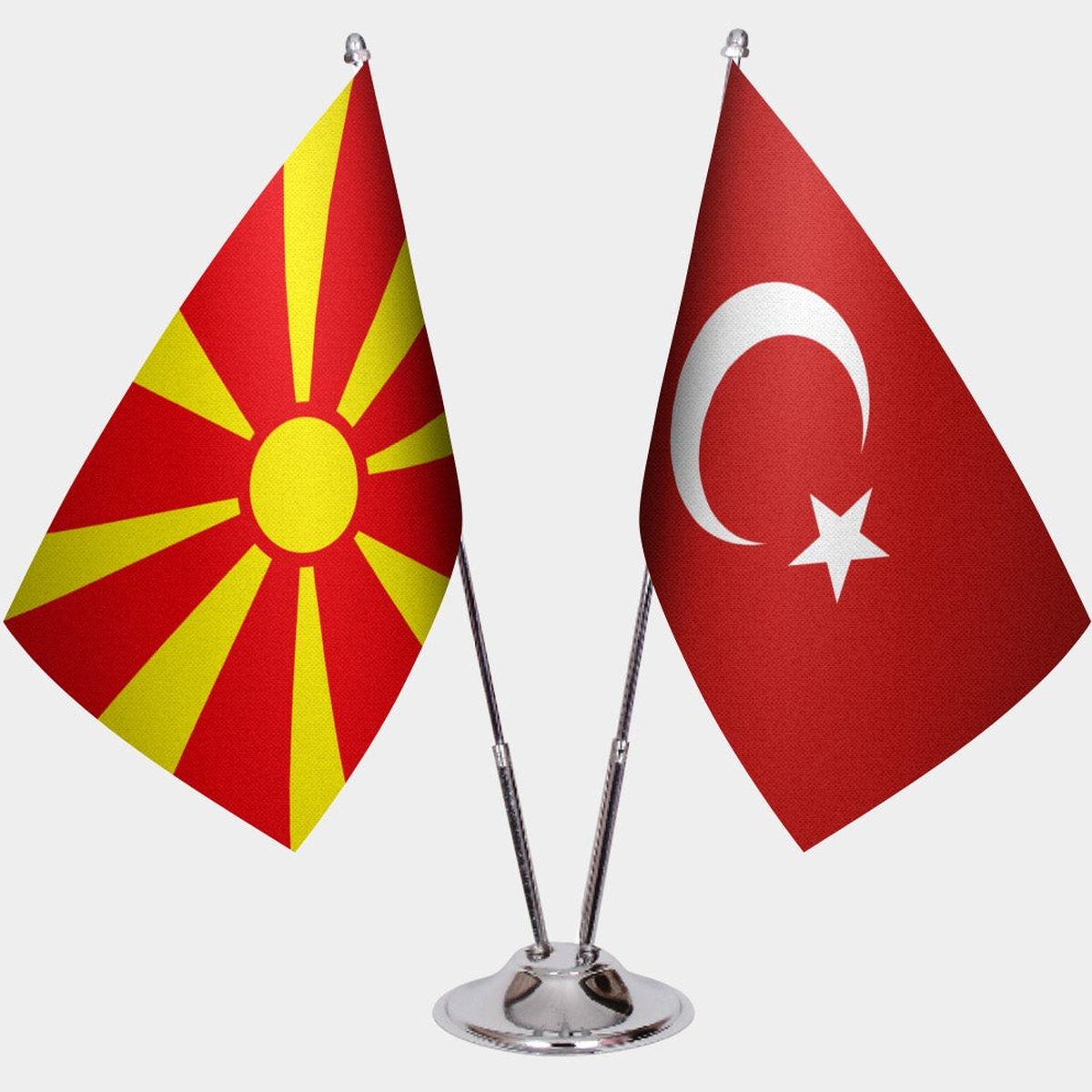 North Macedonia and Türkiye dual desk flag set with chrome silver pedestal, satin office table flag