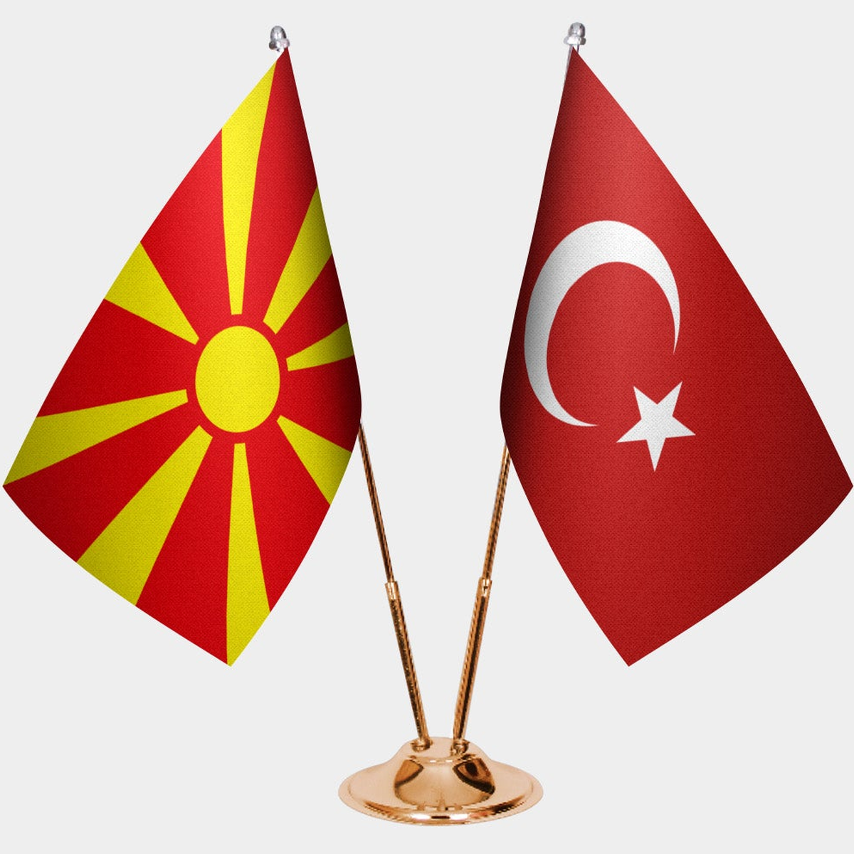 North Macedonia and Türkiye dual desk flag set with gold pedestal, satin office table flag