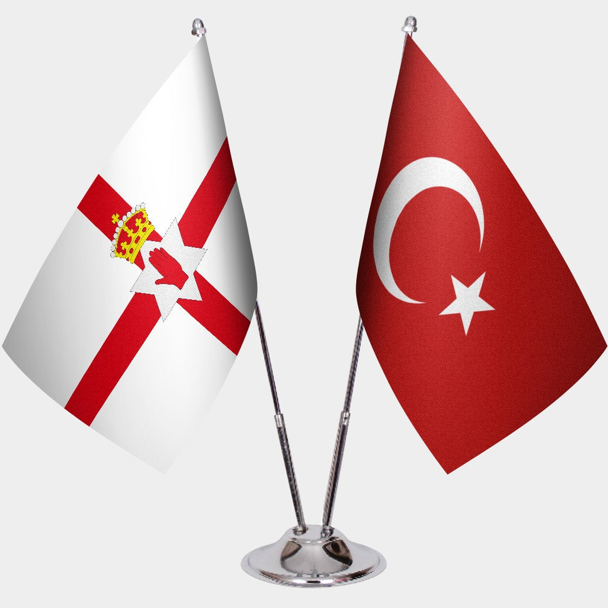Northern Ireland and Türkiye dual desk flag set with chrome silver pedestal, satin office table flag