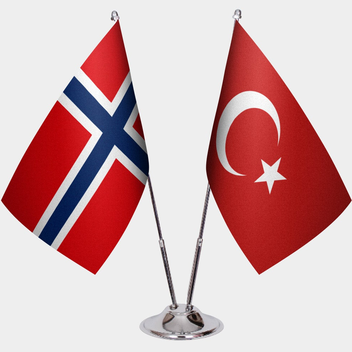 Norway and Türkiye dual desk flag set with chrome silver pedestal, satin office table flag