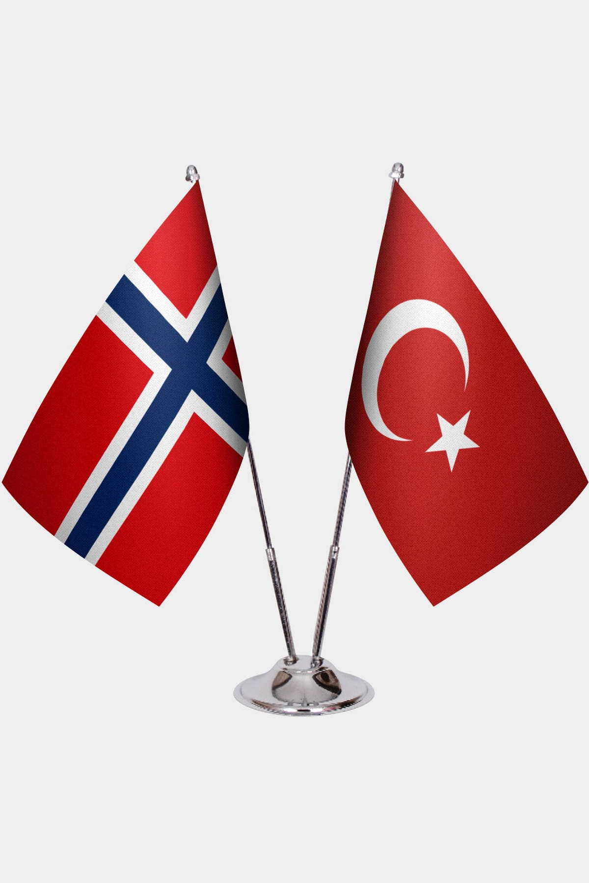 Norway and Türkiye dual desk flag set with chrome silver pedestal, satin office table flag