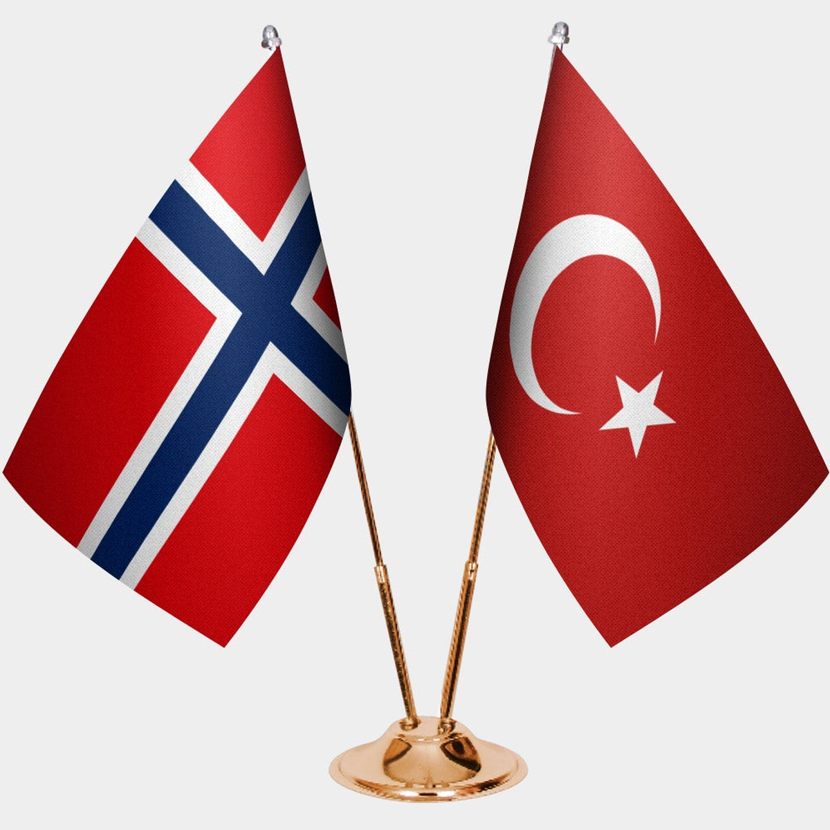Norway and Türkiye dual desk flag set with gold pedestal, satin office table flag