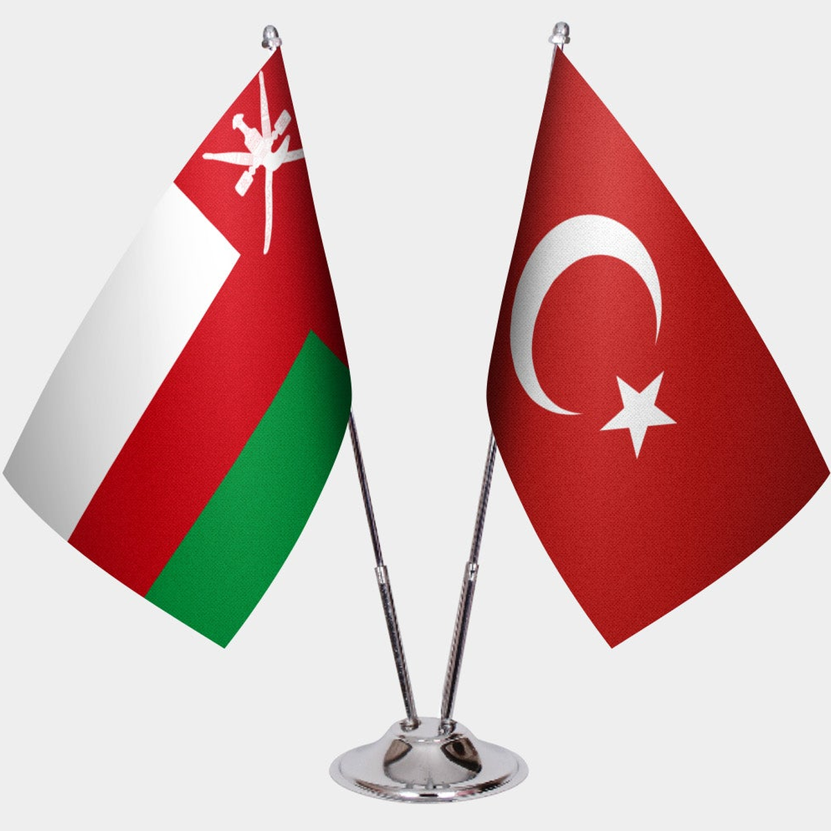 Oman and Türkiye dual desk flag set with chrome silver pedestal, satin office table flag