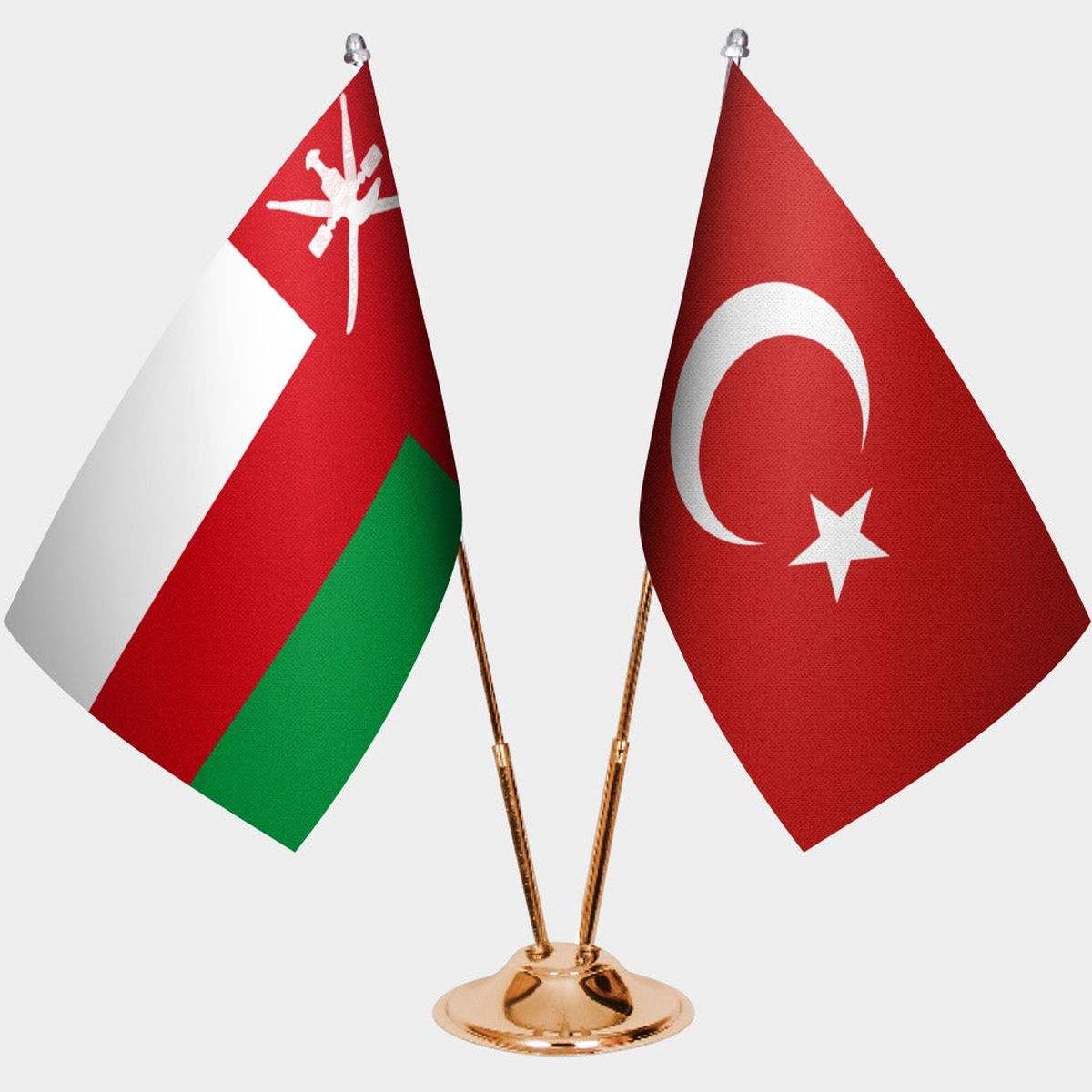 Oman and Türkiye dual desk flag set with gold pedestal, satin office table flag