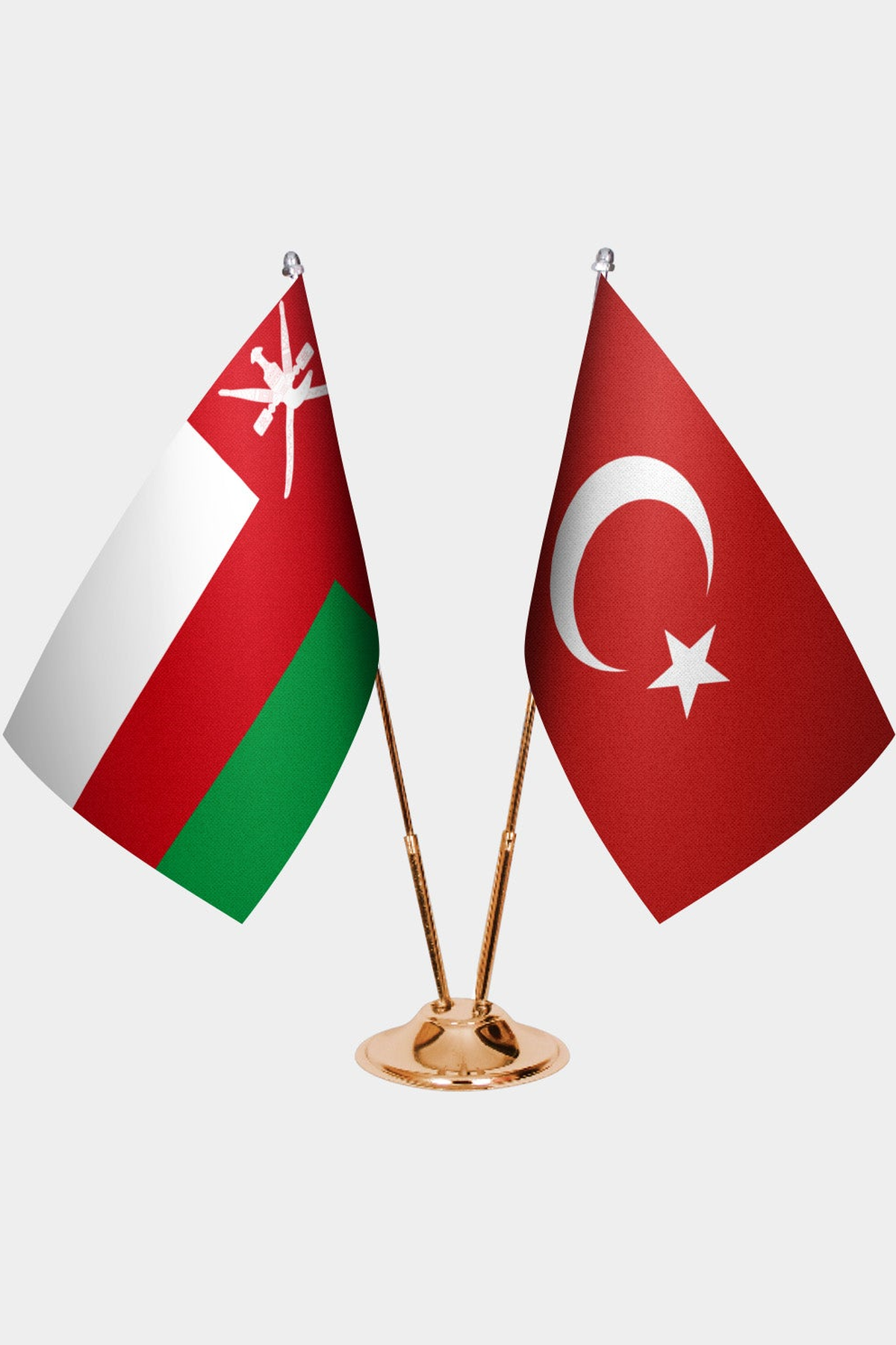 Oman and Türkiye dual desk flag set with gold pedestal, satin office table flag