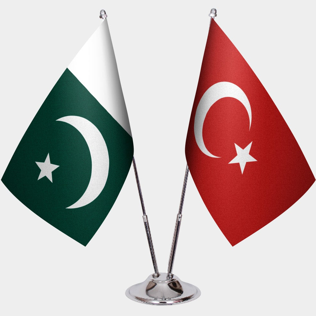 Pakistan and Türkiye dual desk flag set with chrome silver pedestal, satin office table flag