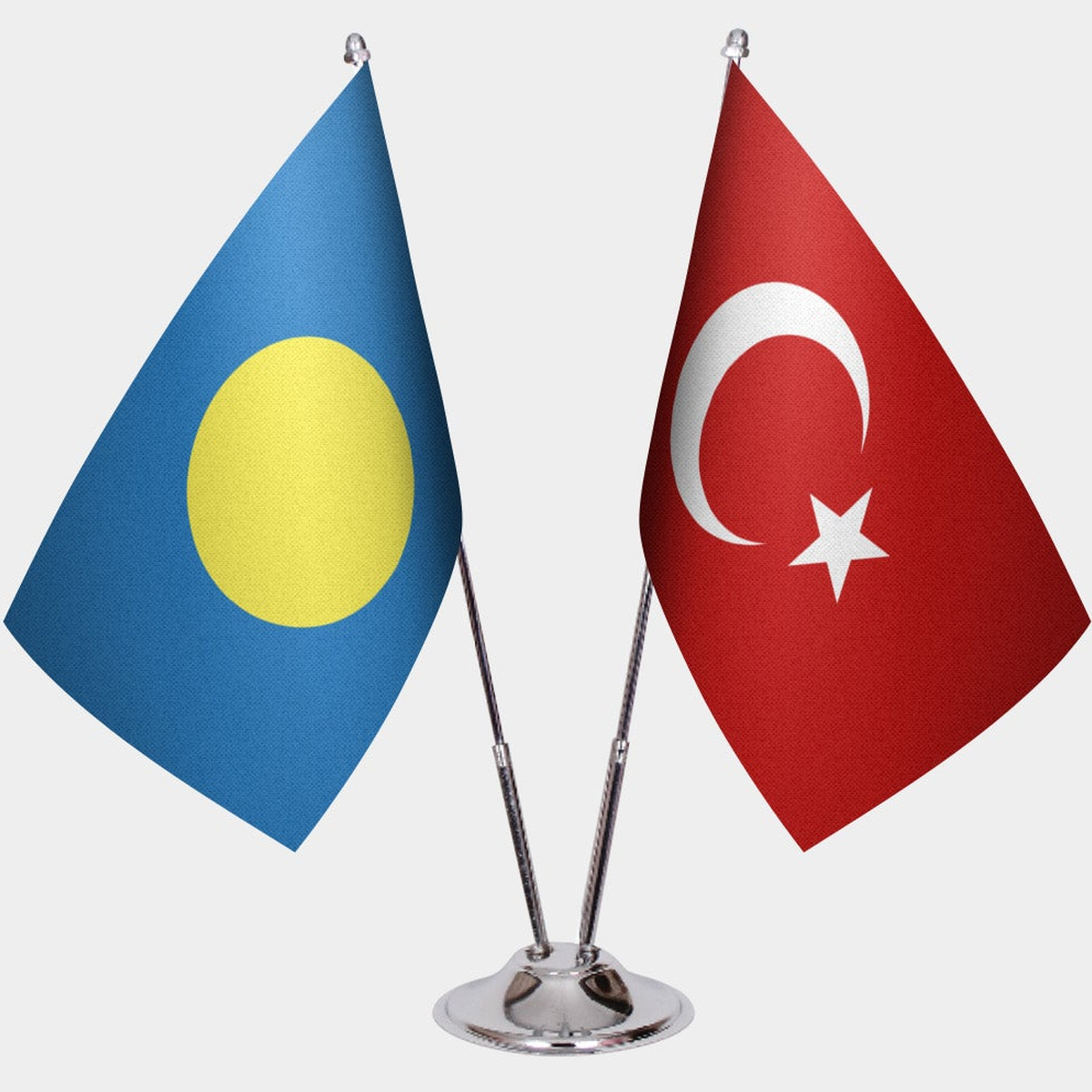 Palau and Türkiye dual desk flag set with chrome silver pedestal, satin office table flag