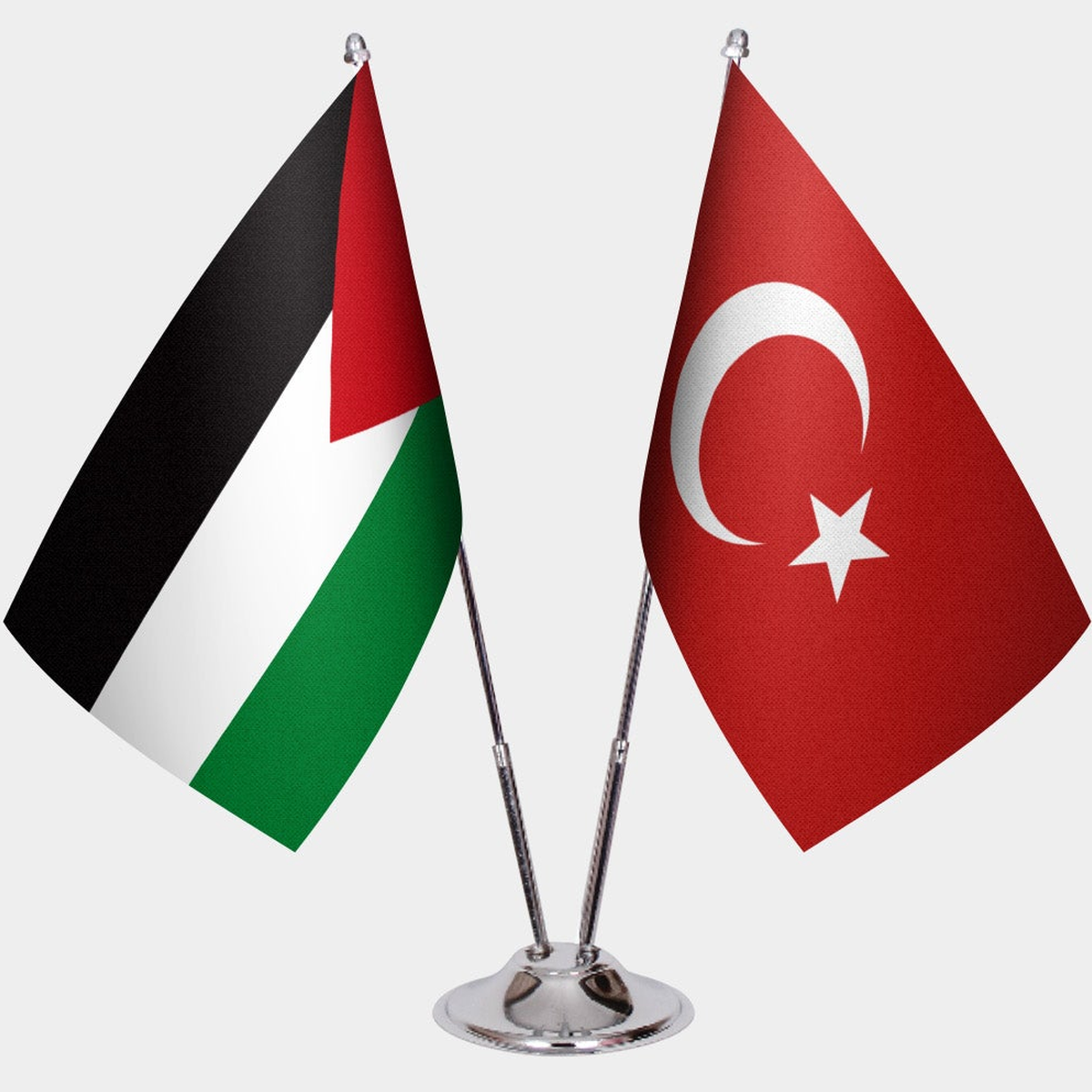 Palestine and Türkiye dual desk flag set with chrome silver pedestal, satin office table flag