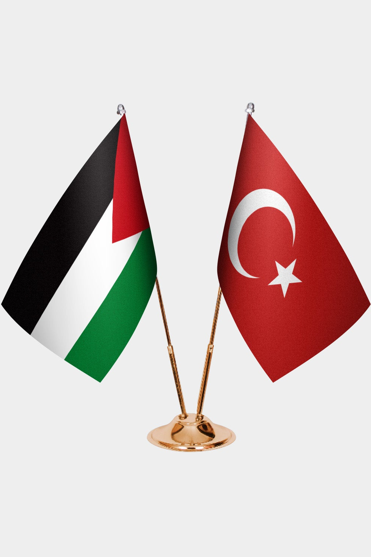 Palestine and Türkiye dual desk flag set with gold pedestal, satin office table flag