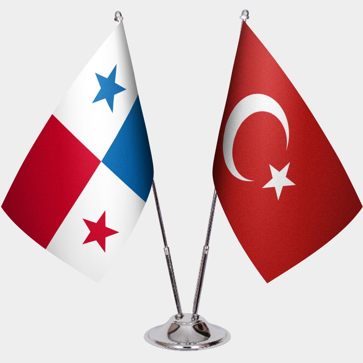 Panama and Türkiye dual desk flag set with chrome silver pedestal, satin office table flag