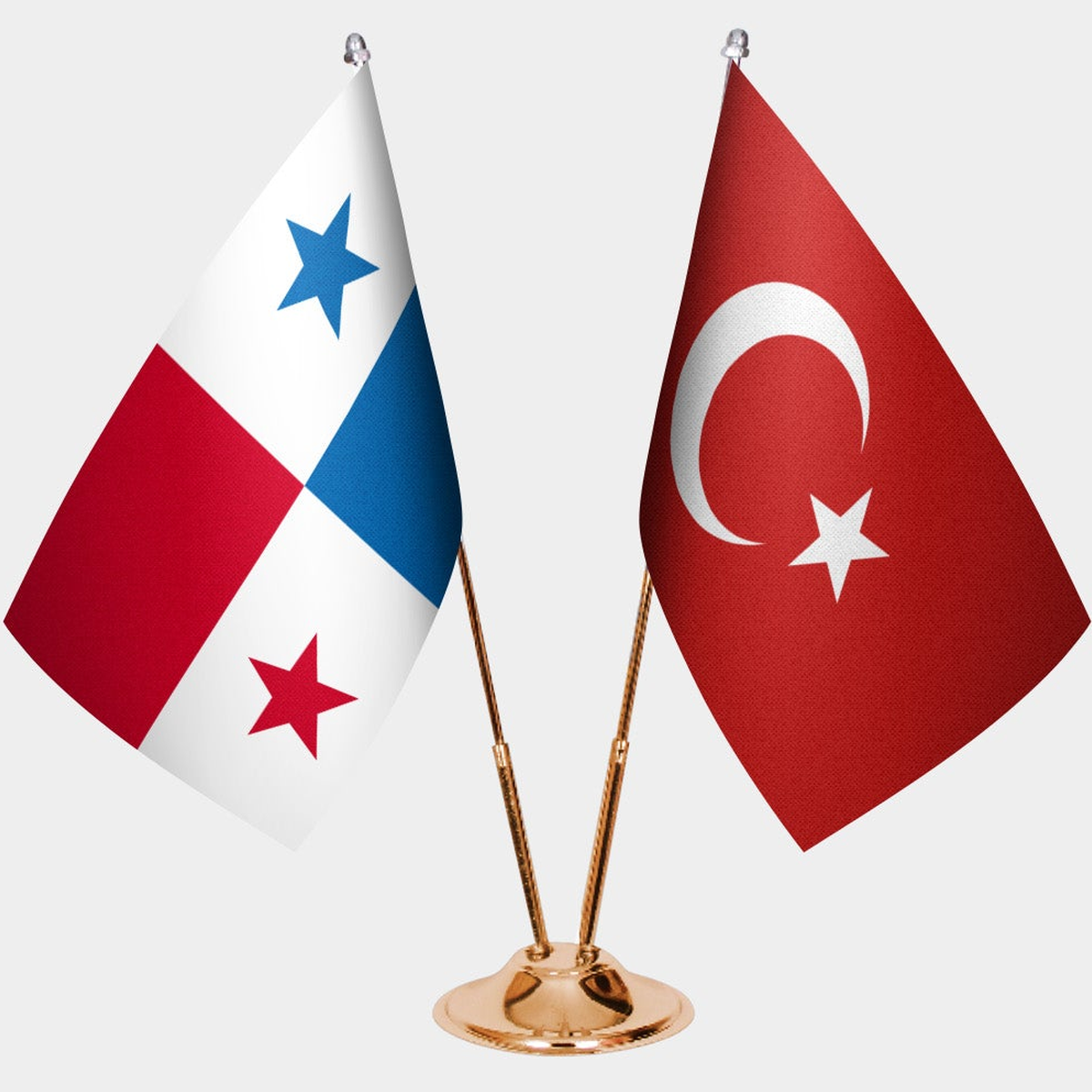 Panama and Türkiye dual desk flag set with gold pedestal, satin office table flag