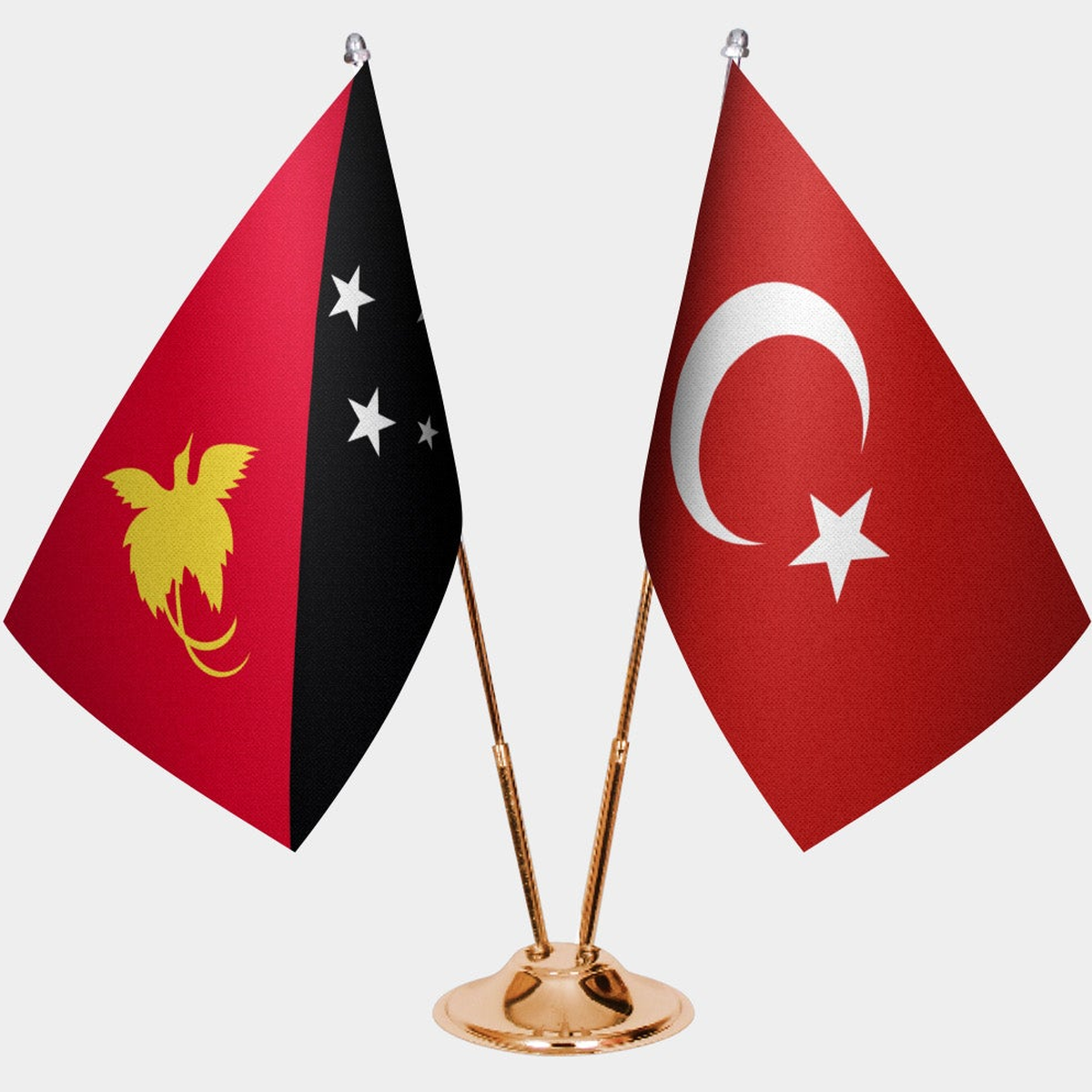 Papua New Guinea and Türkiye dual desk flag set with gold pedestal, satin office table flag