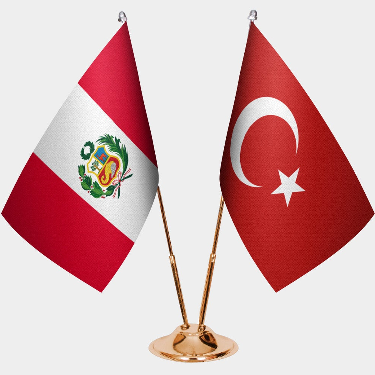 Peru and Türkiye dual desk flag set with gold pedestal, satin office table flag