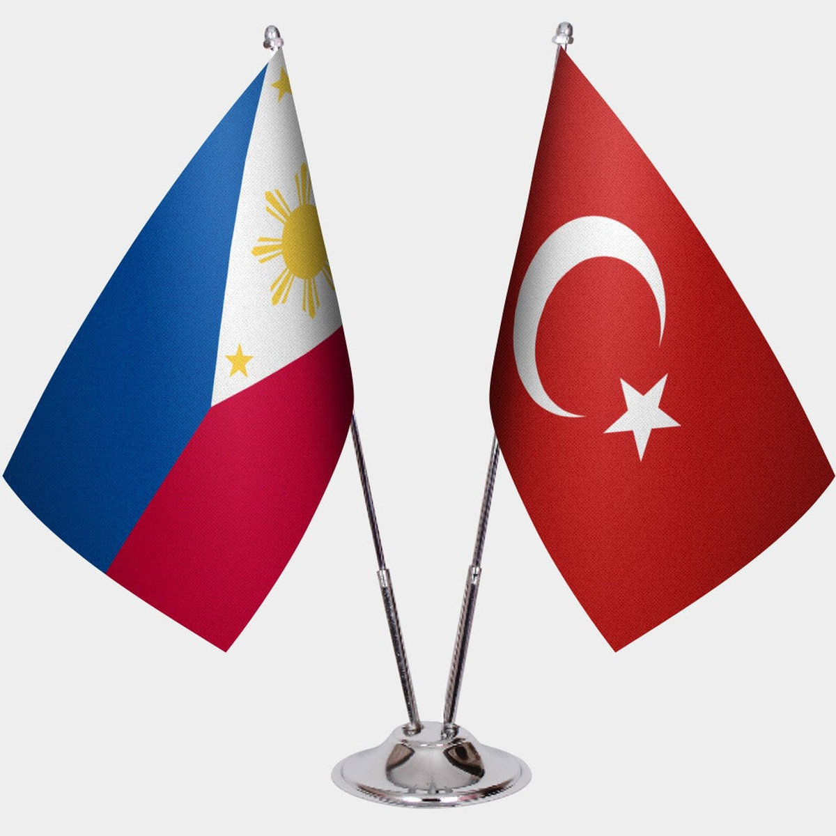 Philippines and Türkiye dual desk flag set with chrome silver pedestal, satin office table flag