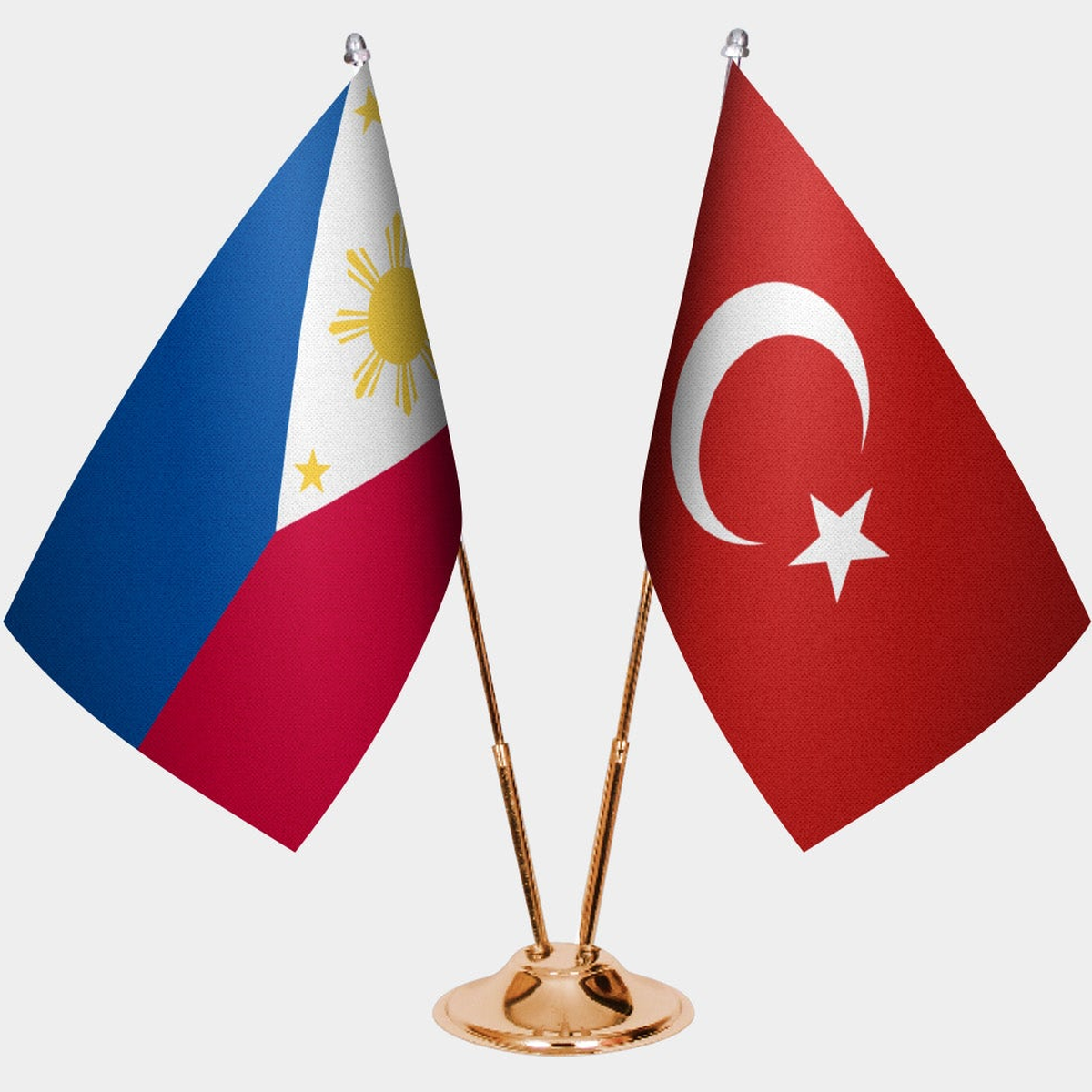 Philippines and Türkiye dual desk flag set with gold pedestal, satin office table flag