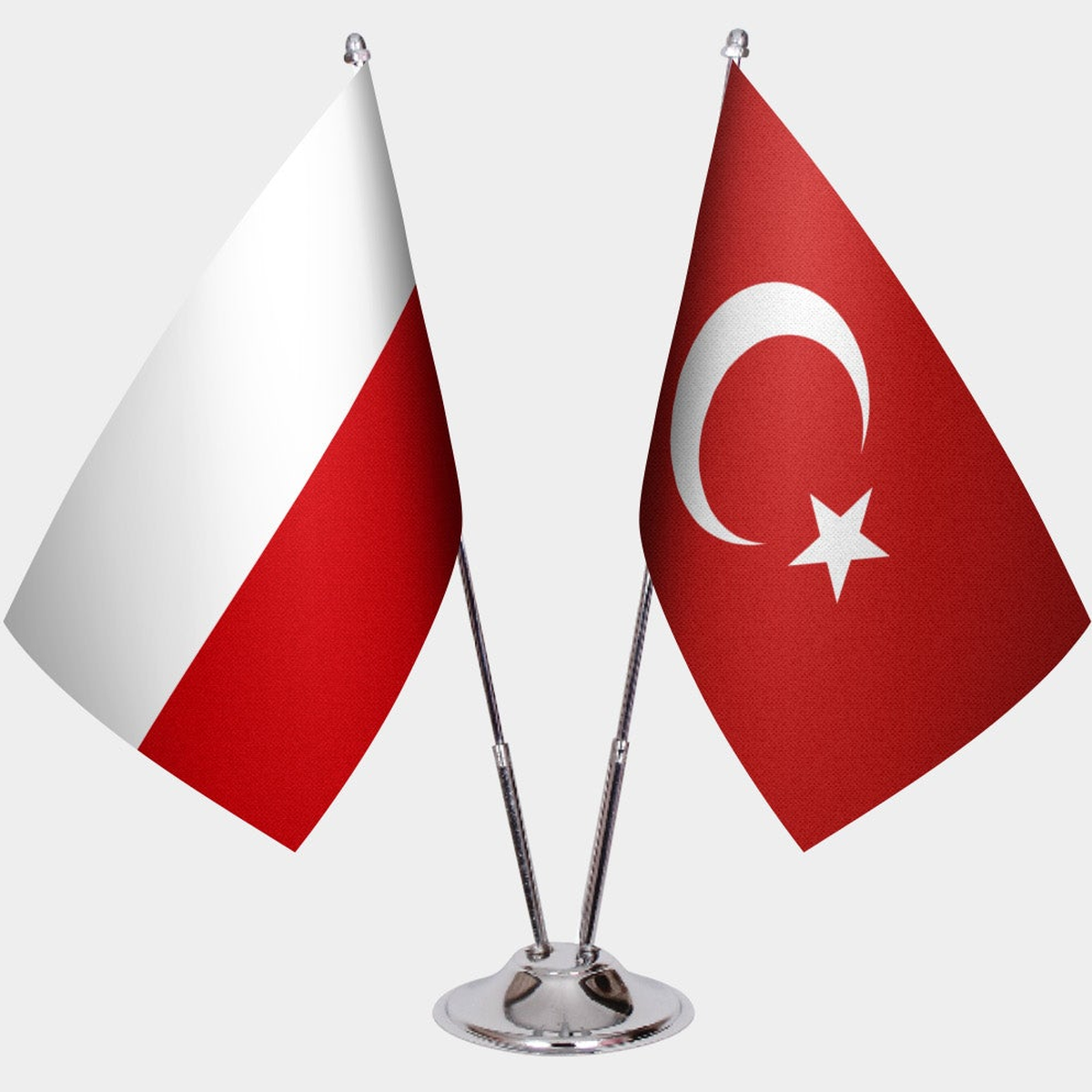 Poland and Türkiye dual desk flag set with chrome silver pedestal, satin office table flag