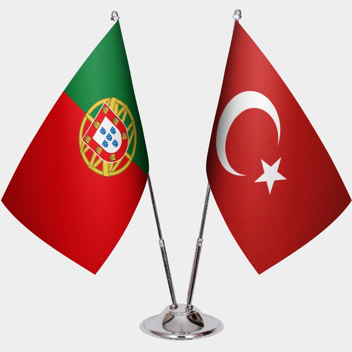 Portugal and Türkiye dual desk flag set with chrome silver pedestal, satin office table flag