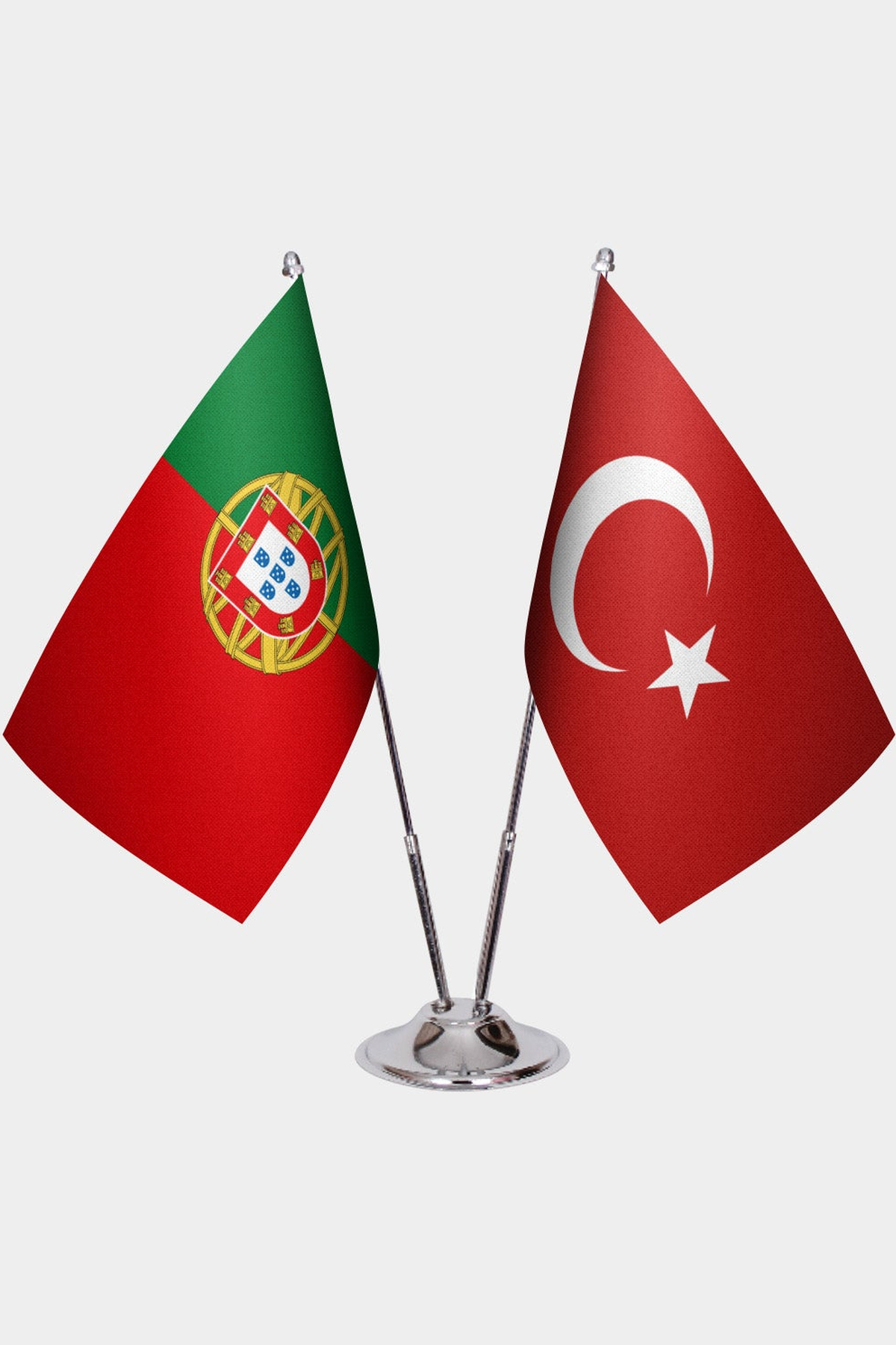 Portugal and Türkiye dual desk flag set with chrome silver pedestal, satin office table flag