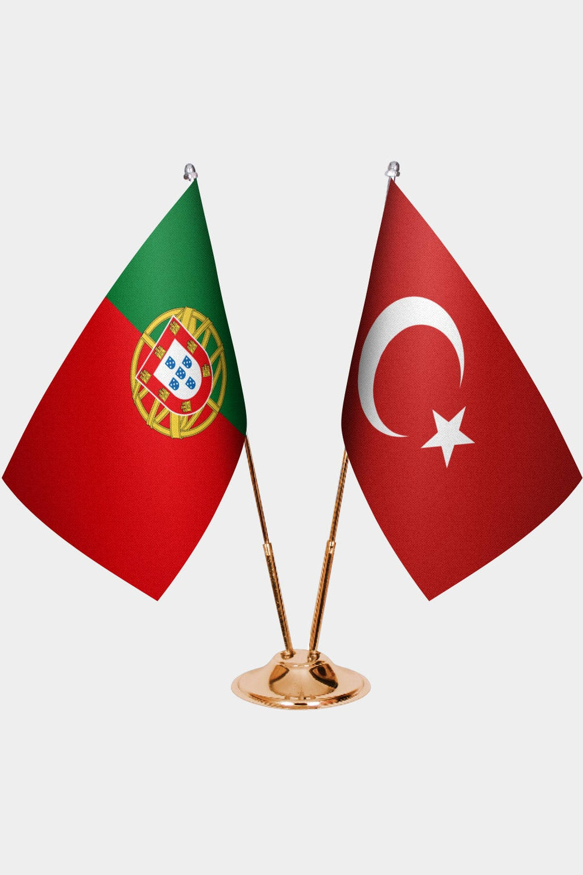 Portugal and Türkiye dual desk flag set with gold pedestal, satin office table flag
