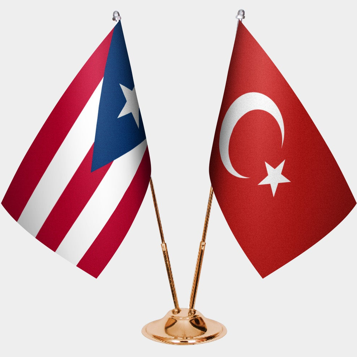 Puerto Rico and Türkiye dual desk flag set with gold pedestal, satin office table flag