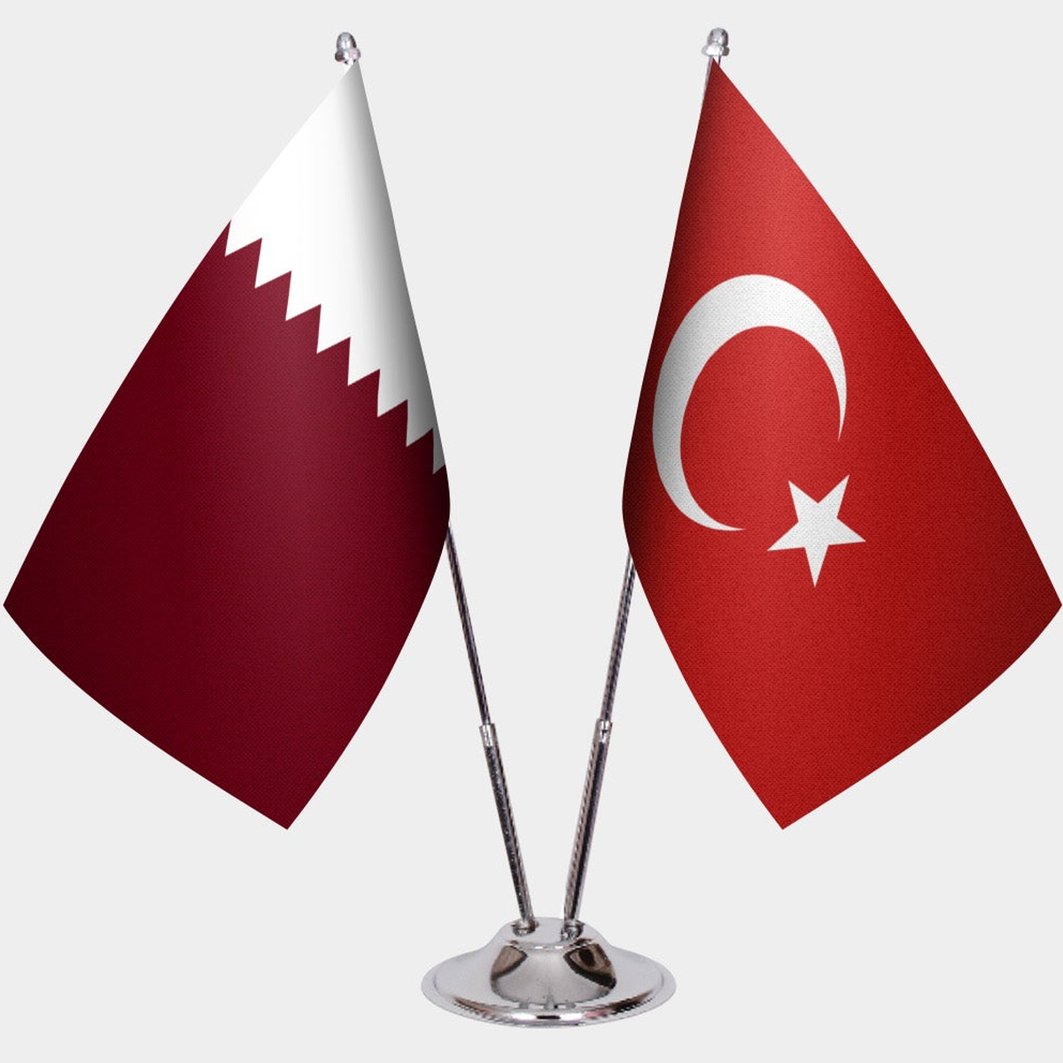 Qatar and Türkiye dual desk flag set with chrome silver pedestal, satin office table flag