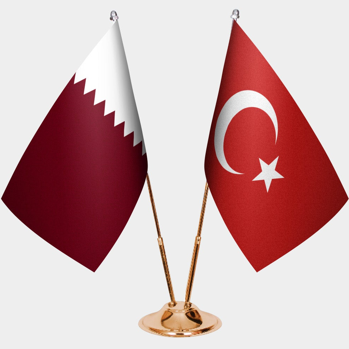 Qatar and Türkiye dual desk flag set with gold pedestal, satin office table flag
