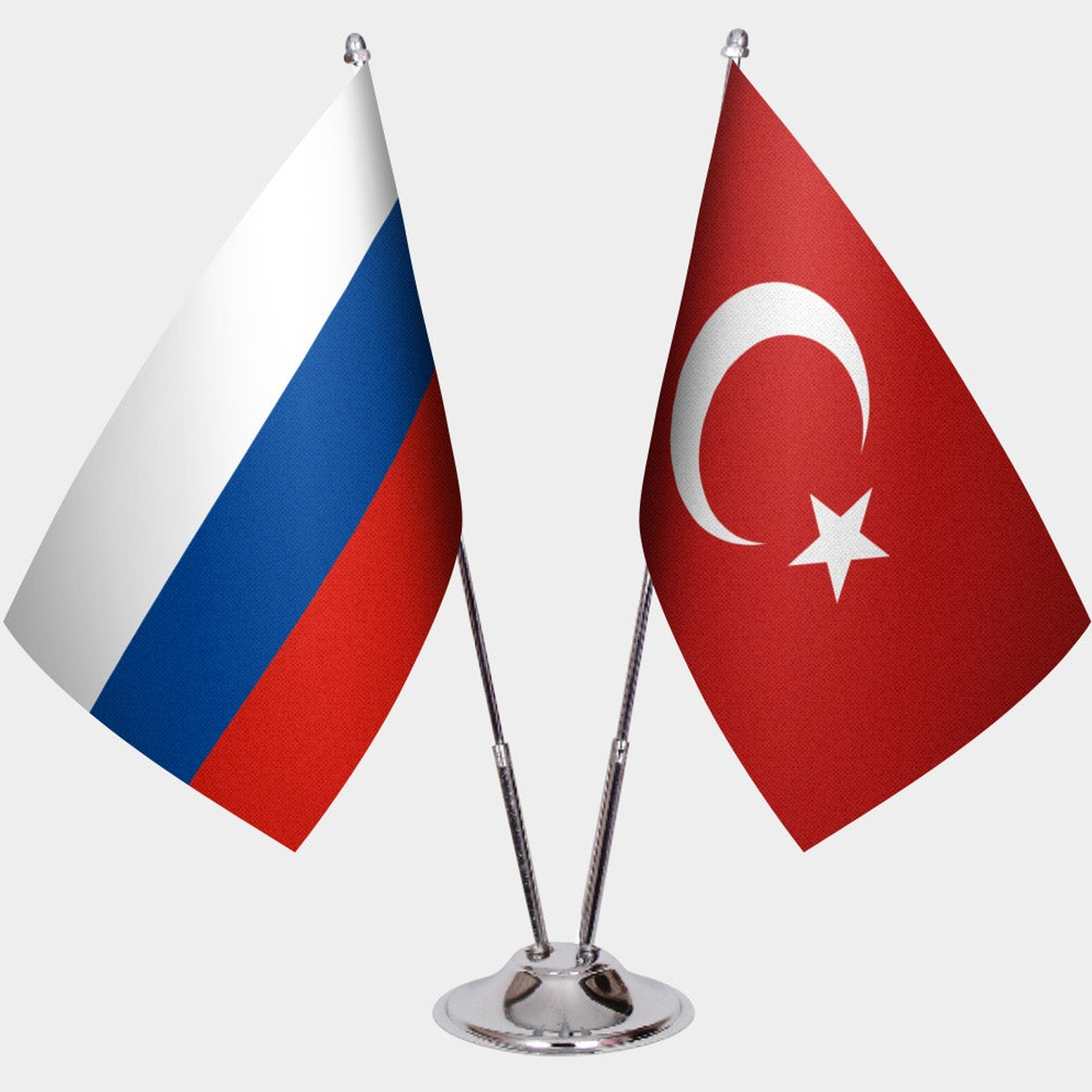 Russia and Türkiye dual desk flag set with chrome silver pedestal, satin office table flag