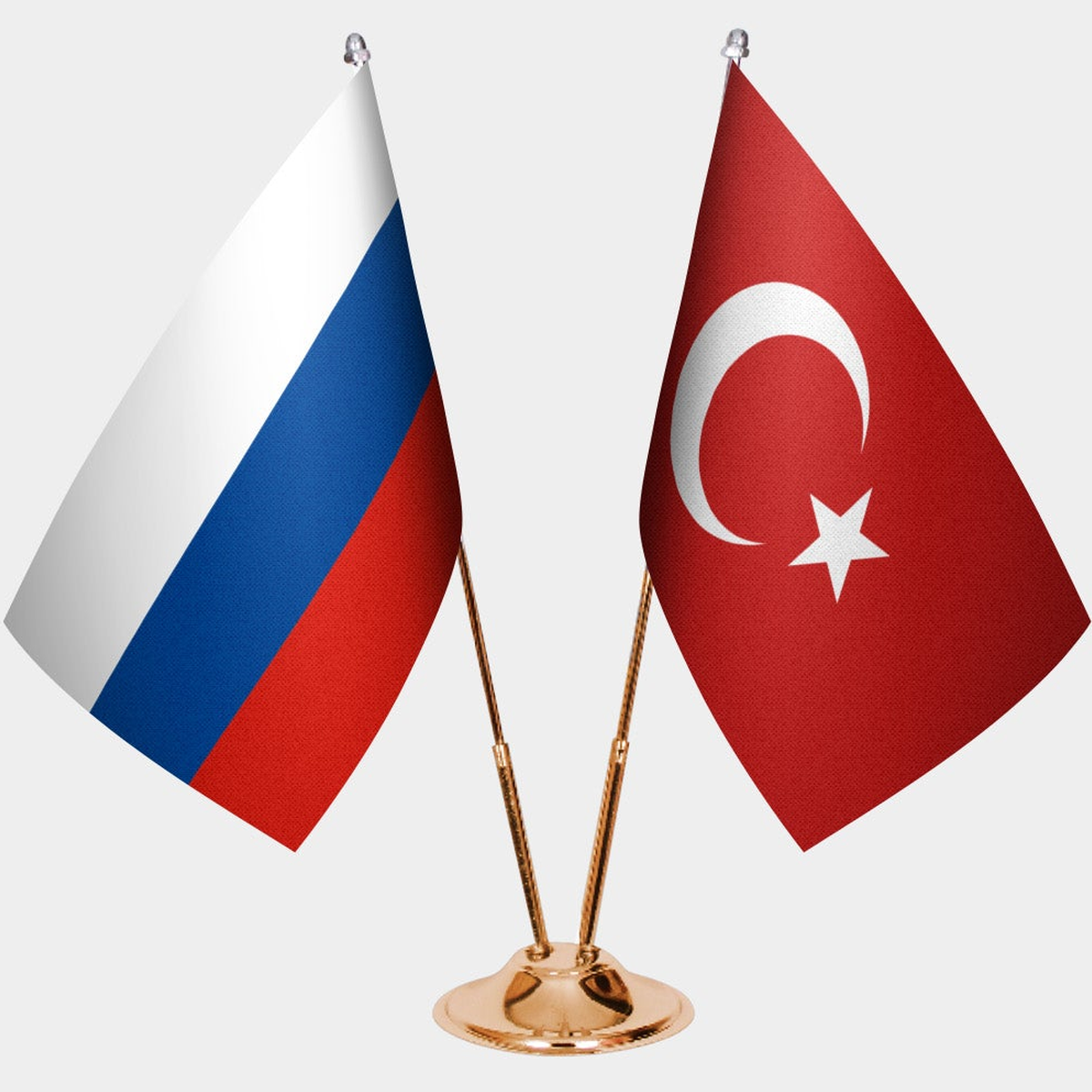 Russia and Türkiye dual desk flag set with gold pedestal, satin office table flag