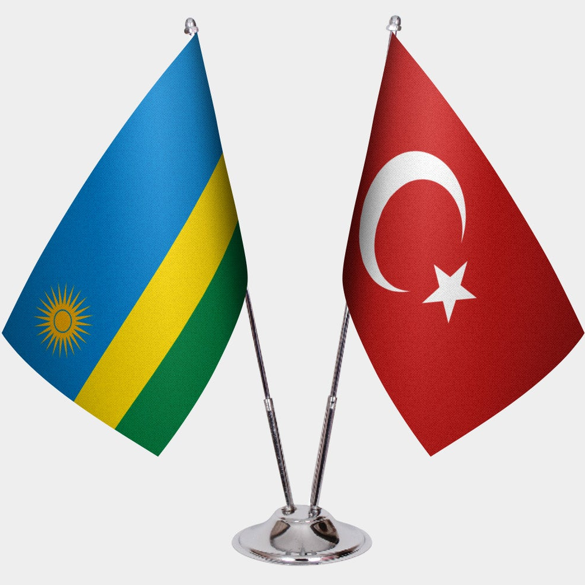 Rwanda and Türkiye dual desk flag set with chrome silver pedestal, satin office table flag