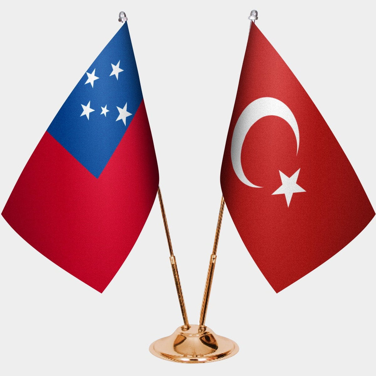 Samoa and Türkiye dual desk flag set with gold pedestal, satin office table flag