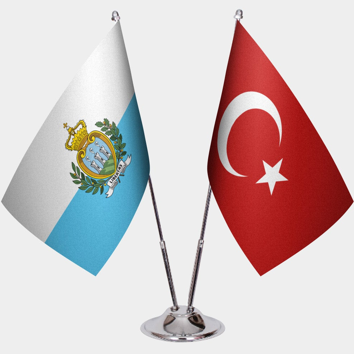 San Marino and Türkiye dual desk flag set with chrome silver pedestal, satin office table flag