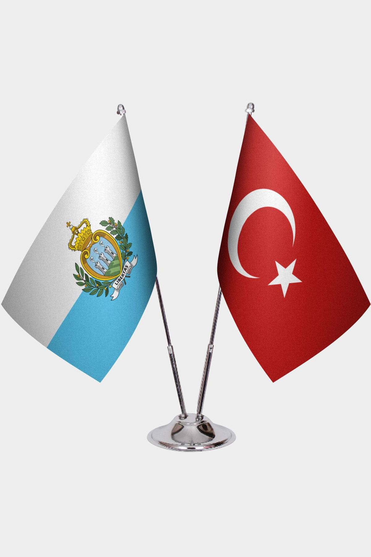 San Marino and Türkiye dual desk flag set with chrome silver pedestal, satin office table flag