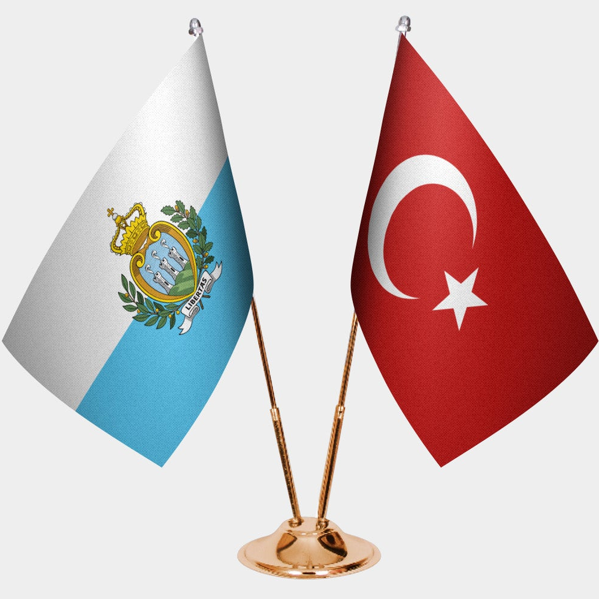 San Marino and Türkiye dual desk flag set with gold pedestal, satin office table flag