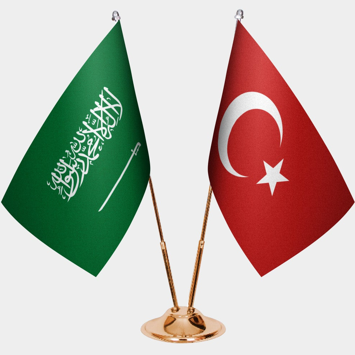 Saudi Arabia and Türkiye dual desk flag set with gold pedestal, satin office table flag