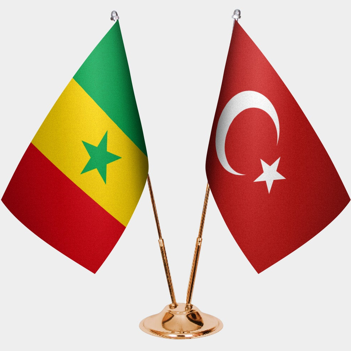Senegal and Türkiye dual desk flag set with gold pedestal, satin office table flag