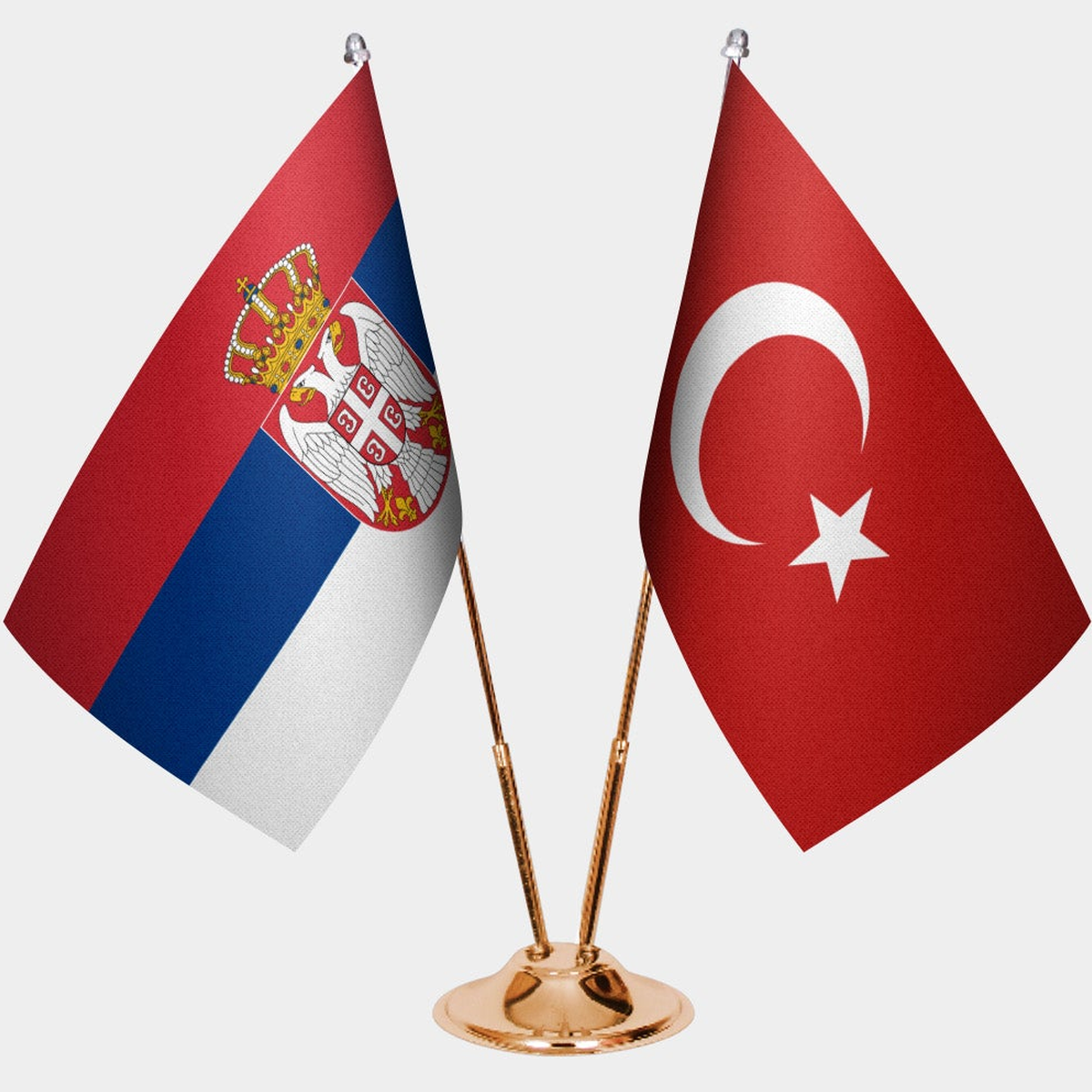 Serbia and Türkiye dual desk flag set with gold pedestal, satin office table flag