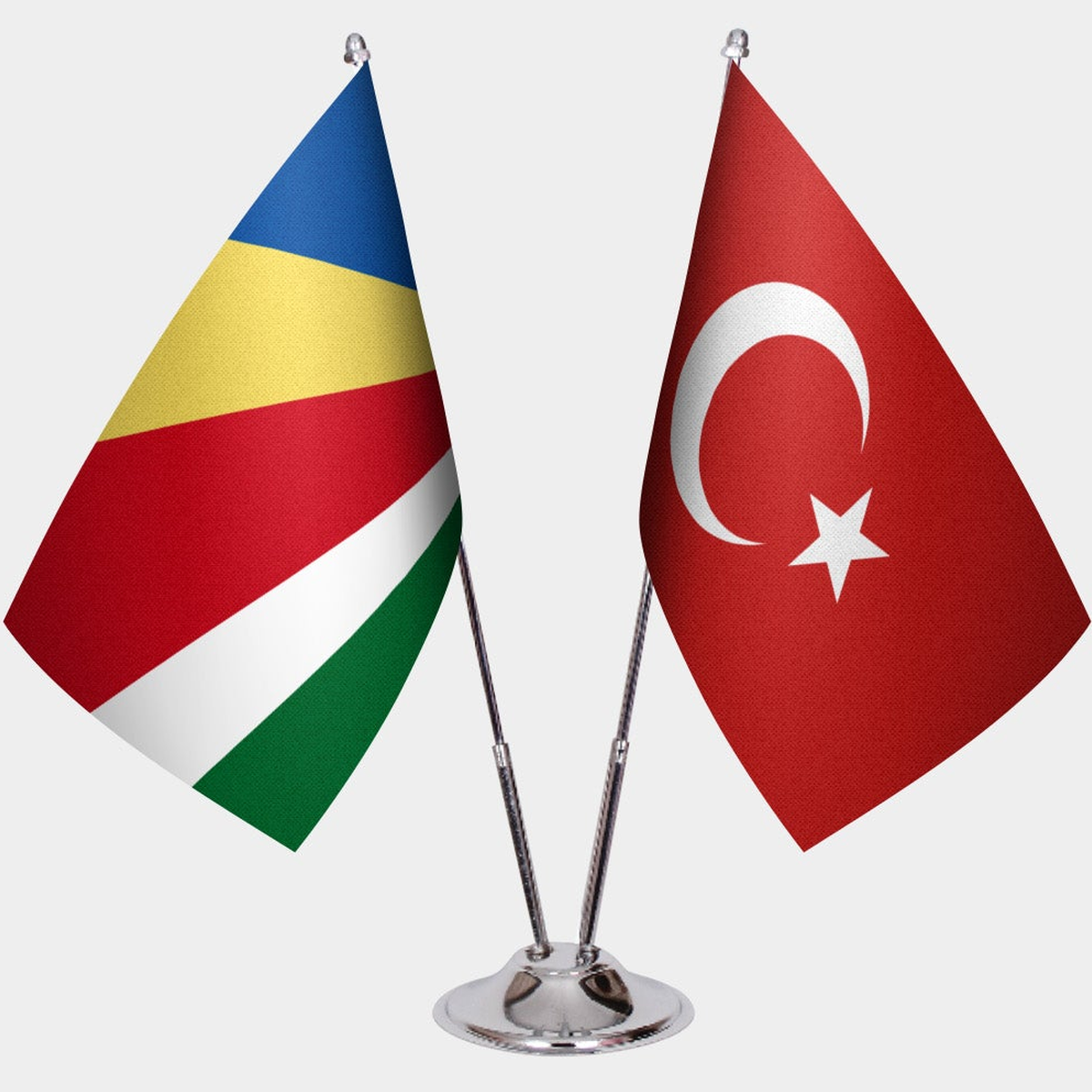 Seychelles and Türkiye dual desk flag set with chrome silver pedestal, satin office table flag
