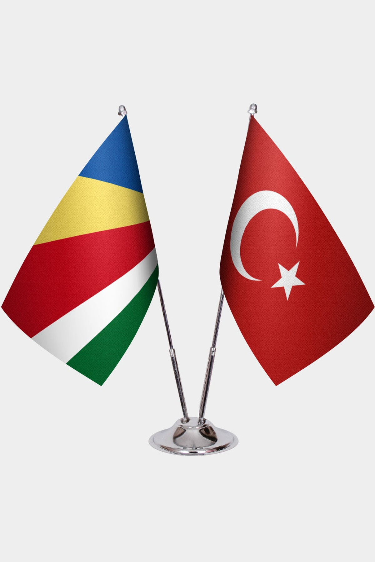 Seychelles and Türkiye dual desk flag set with chrome silver pedestal, satin office table flag