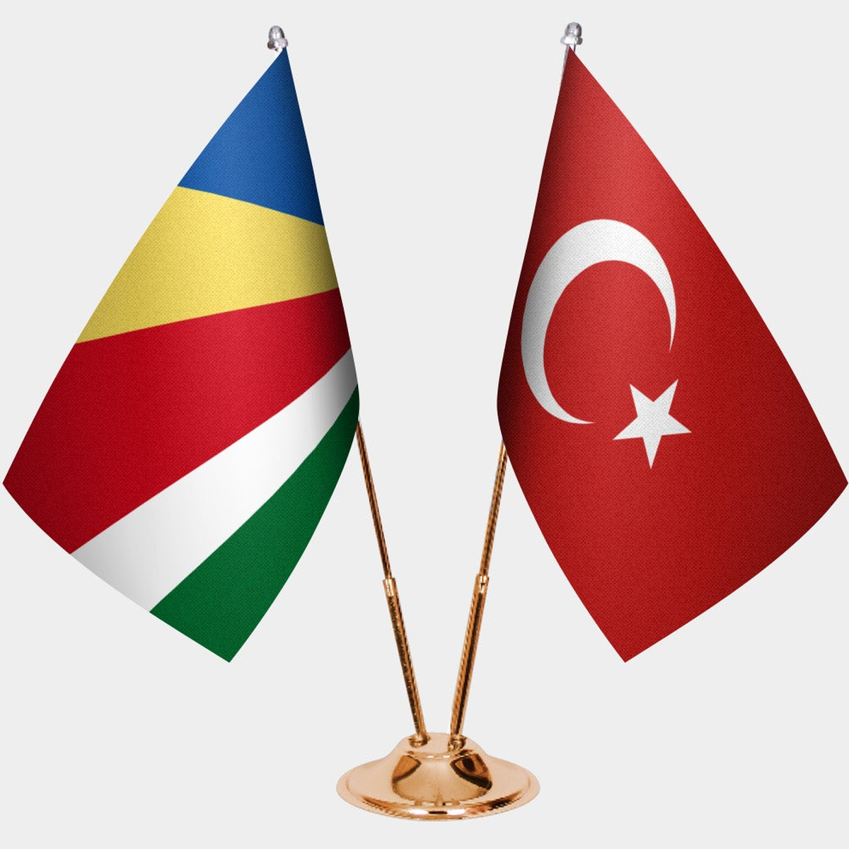Seychelles and Türkiye dual desk flag set with gold pedestal, satin office table flag
