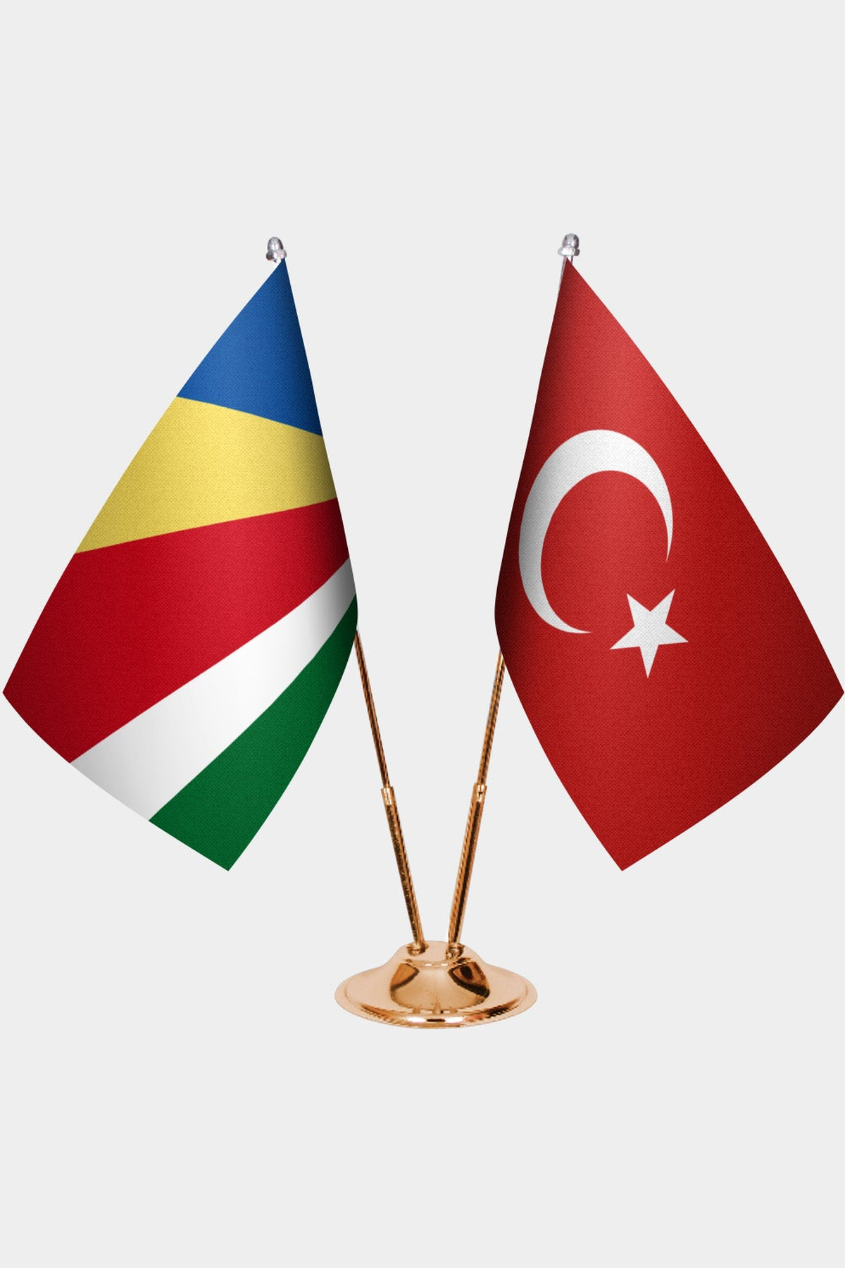 Seychelles and Türkiye dual desk flag set with gold pedestal, satin office table flag