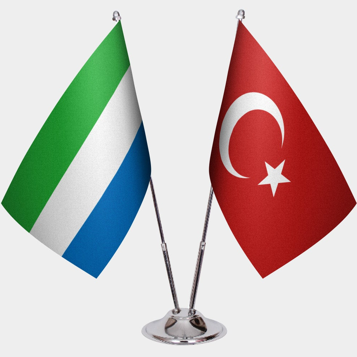Sierra Leone and Türkiye dual desk flag set with chrome silver pedestal, satin office table flag