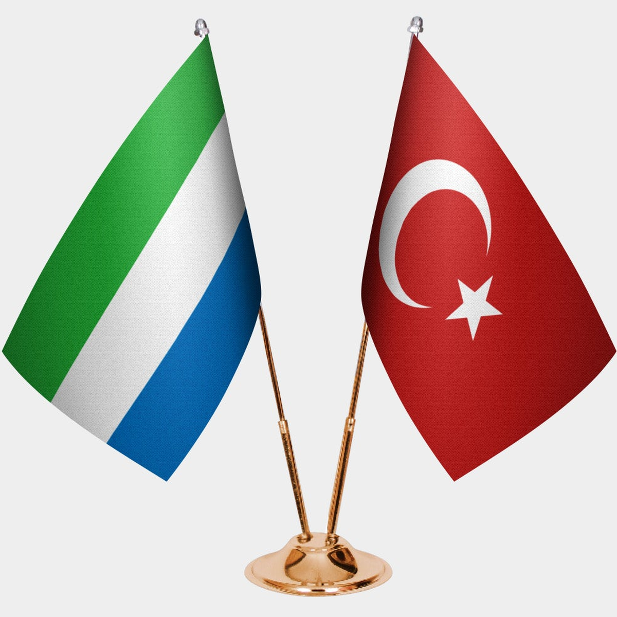 Sierra Leone and Türkiye dual desk flag set with gold pedestal, satin office table flag