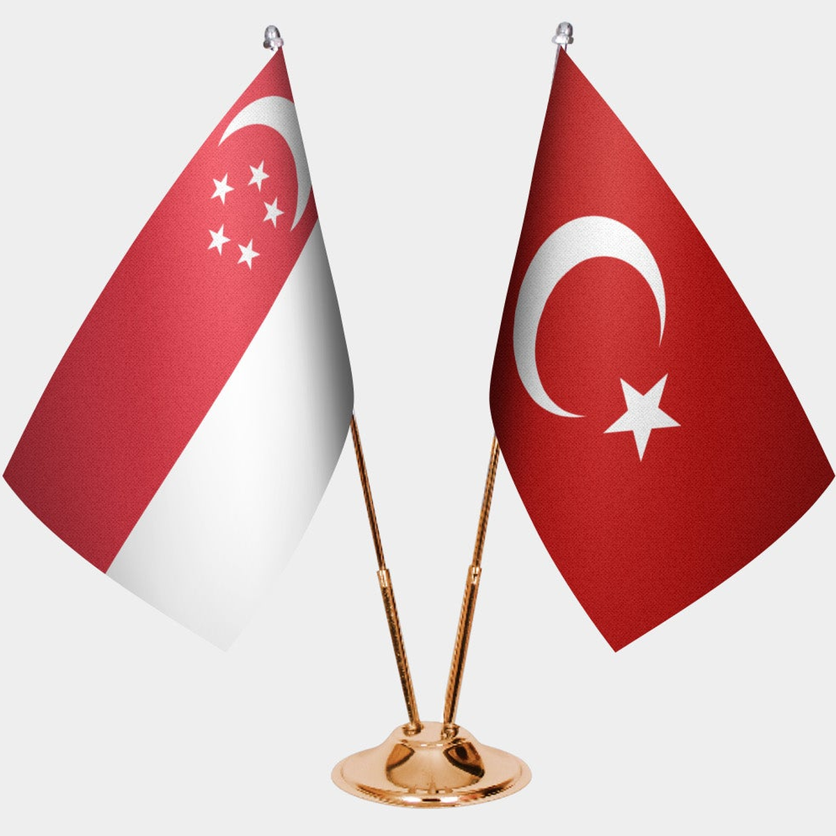 Singapore and Türkiye dual desk flag set with gold pedestal, satin office table flag